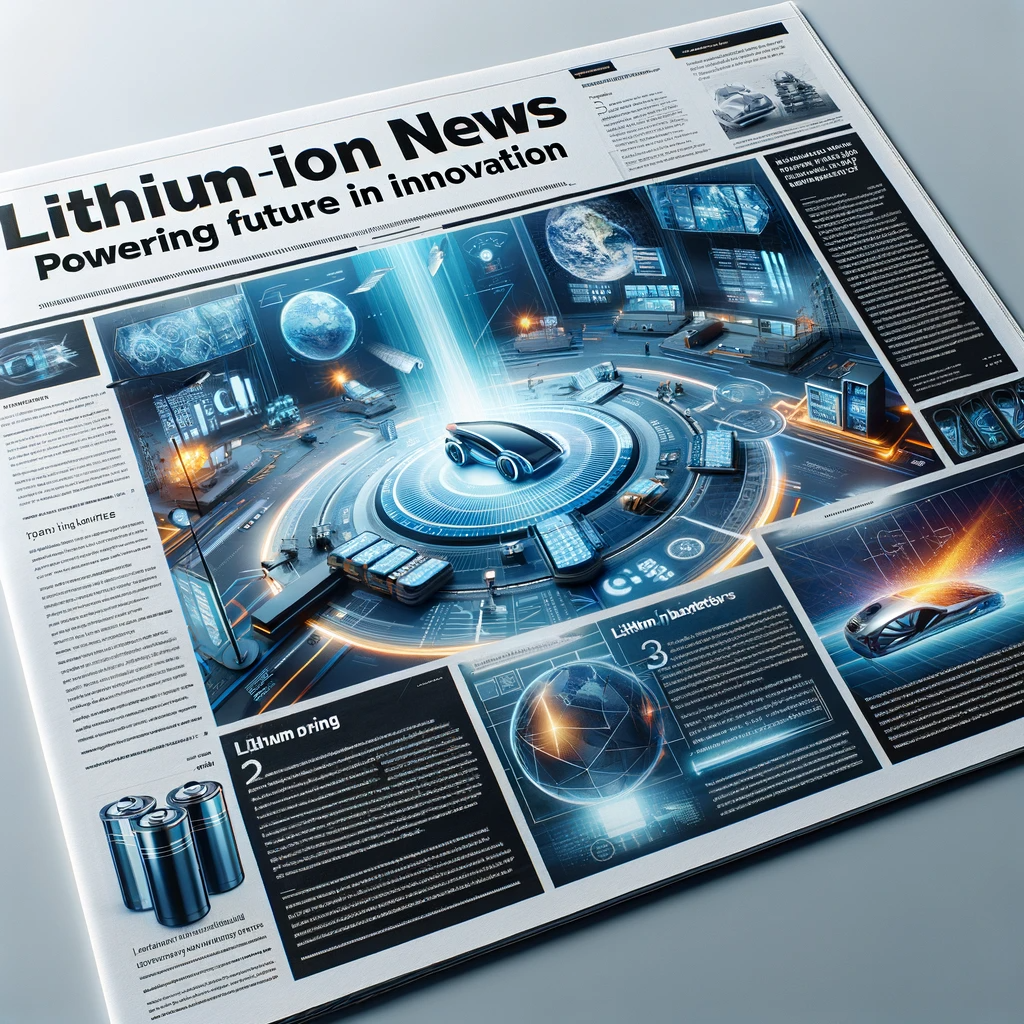 A modern newspaper front page with headlines about advancements in lithium-ion battery technology, featuring images of high-tech batteries, electric vehicles, and renewable energy systems.