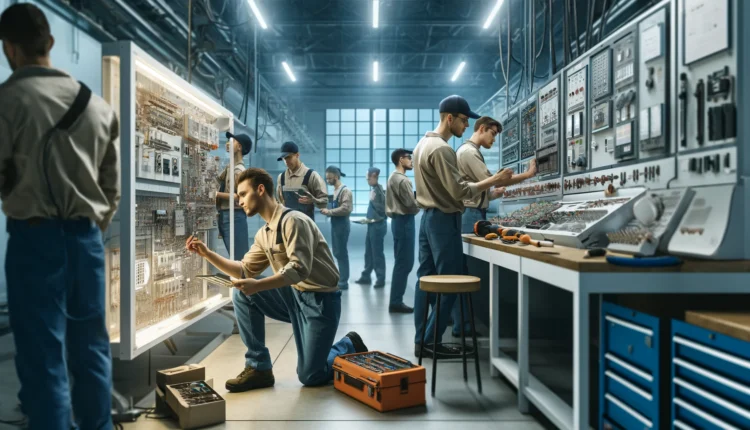 Detailed view of a busy electrical workshop with multiple electricians in uniforms, working on complex electrical panels and circuitry, reflecting a collaborative and technology-driven atmosphere.