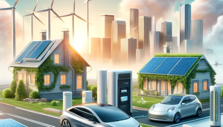 Realistic illustration showing the impact of lithium-ion batteries, featuring electric vehicles charging, a home energy storage system, and portable electronic devices like smartphones and laptops, with a modern cityscape, solar panels, and wind turbines in the background.
