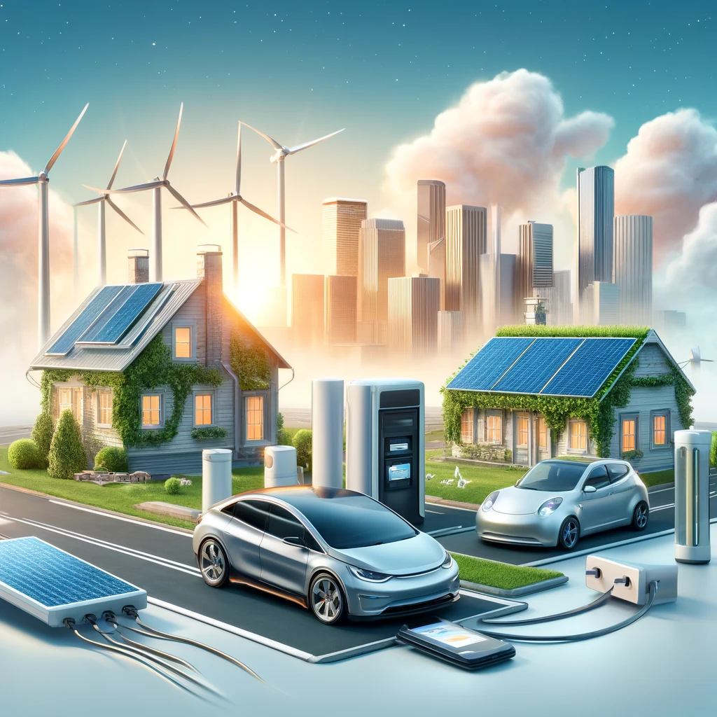 Realistic illustration showing the impact of lithium-ion batteries, featuring electric vehicles charging, a home energy storage system, and portable electronic devices like smartphones and laptops, with a modern cityscape, solar panels, and wind turbines in the background.